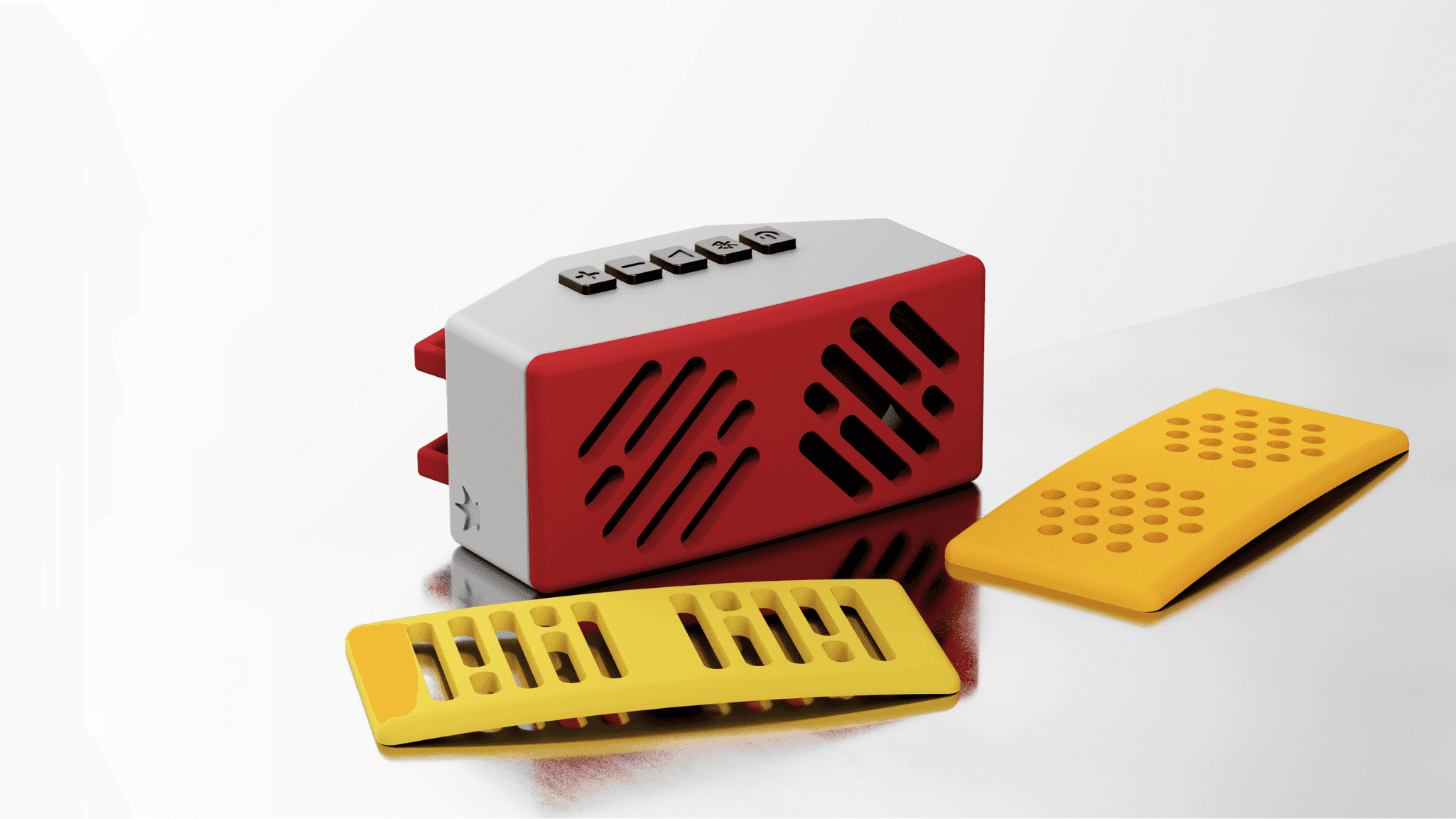 Grill portable speaker with red body, white end cap, and yellow interchangeable grille plates