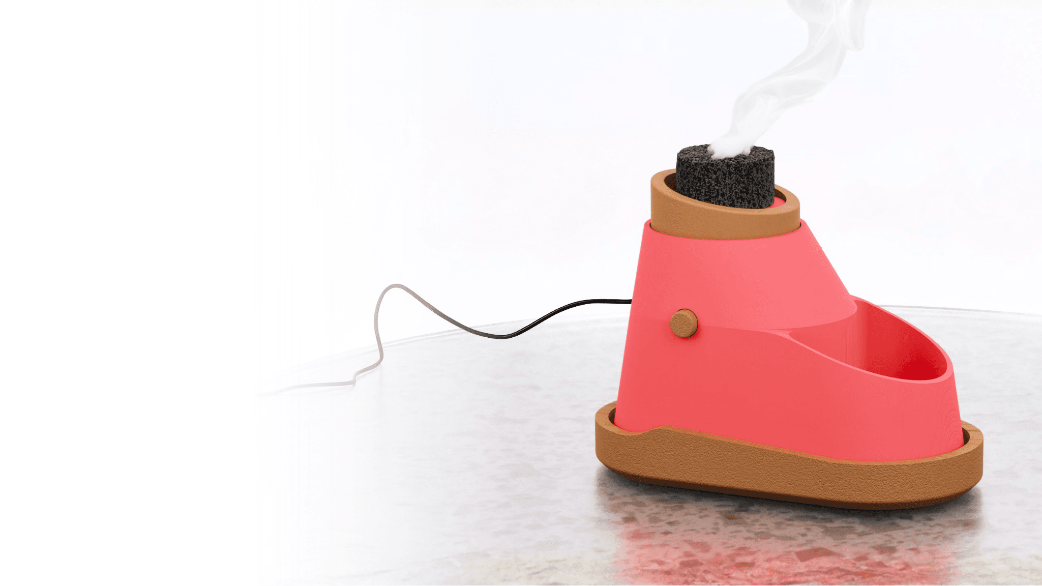 Zephra wellness diffuser with coral body, wood base, lava rock, and visible vapor